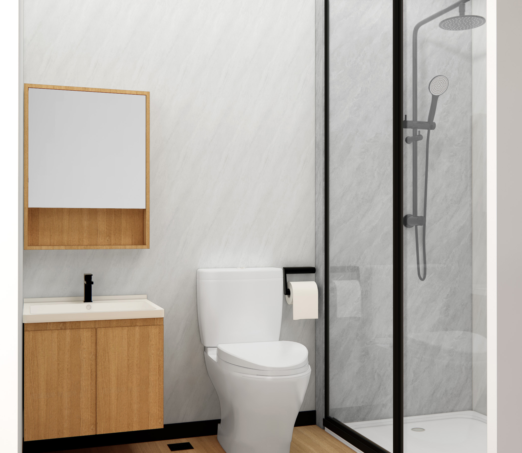 Private bathroom with walk-in shower and timber vanity