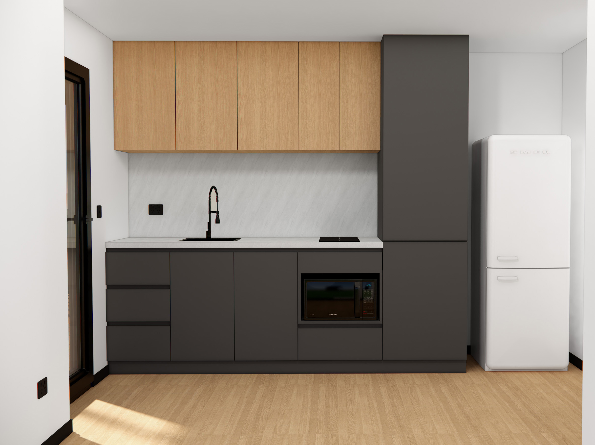 Kitchen design render with full-size fridge and oven