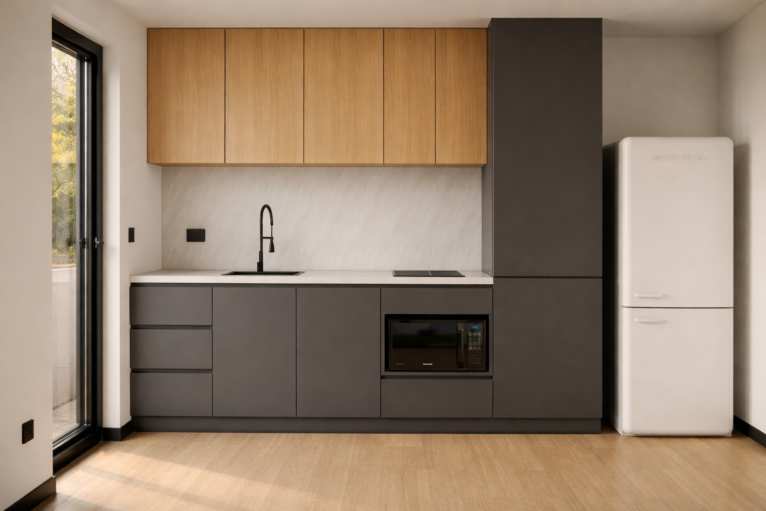 Modern kitchen with timber cabinetry and integrated appliances