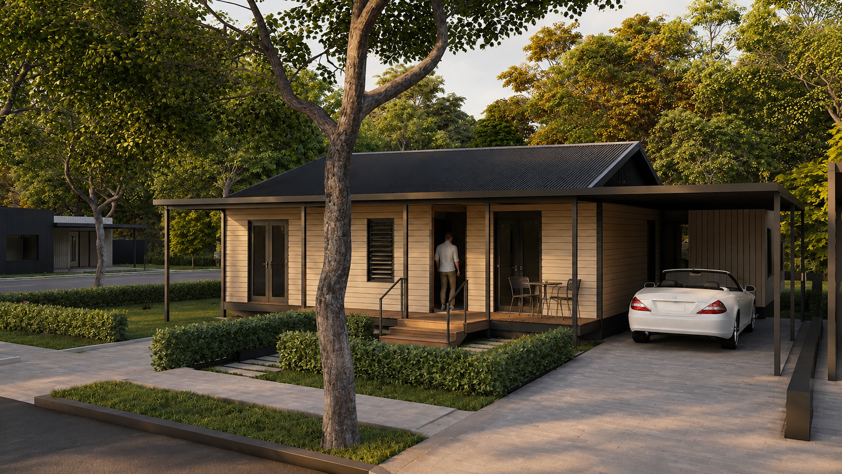 Brightway Co-Living — resident arriving home, community streetscape render